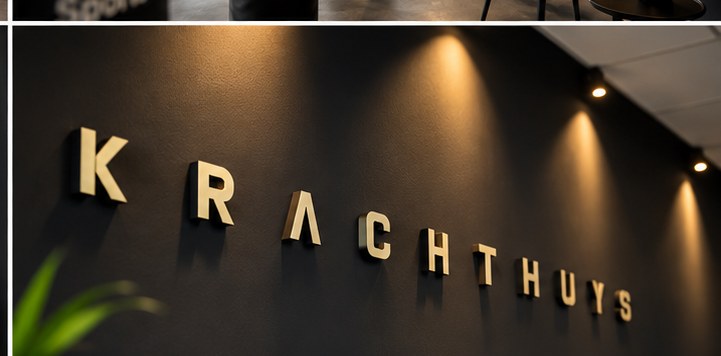 Close-up van het Krachthuys logo op de wand