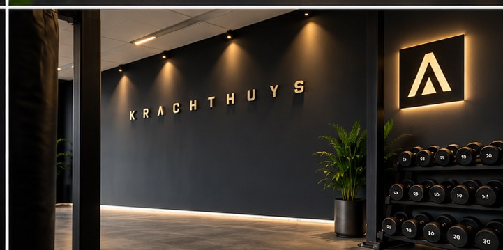 Krachthuys wand met dumbbells en verlicht embleem